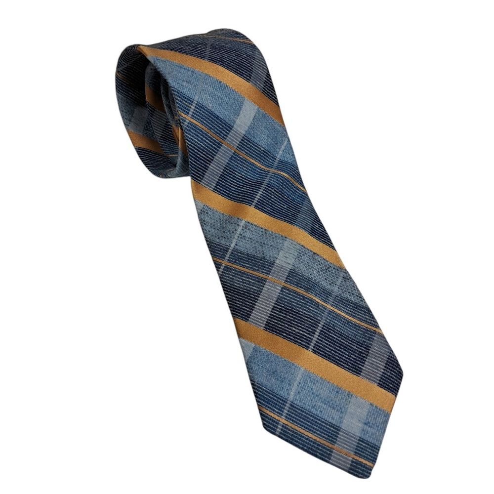 Handmade Vintage Plaid Necktie Blue Yellow Textured Polyester 3x58 Elegant Party - Picture 2 of 7